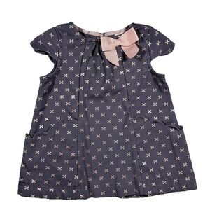 Catherine Malandrino Mini Girls Gray Dress Cap Sleeve Metallic Gold Bow 6-9M